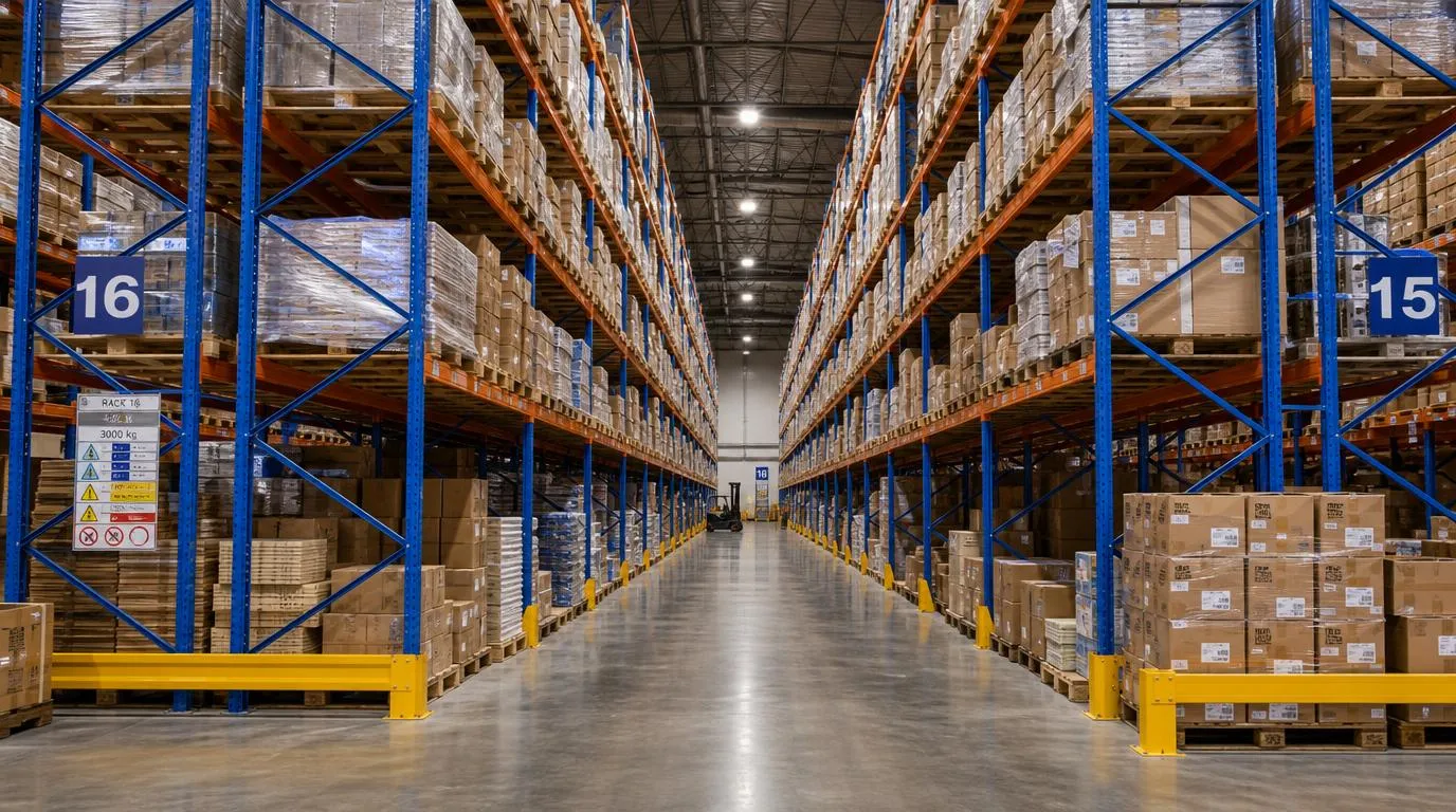 Magazijngang met hoge blauw-oranje palletstellingen vol pallets